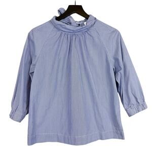 J.Crew Thomas Mason Bow Mock Neck Stripe 3/4 Sleeve Shirt Blue - 2